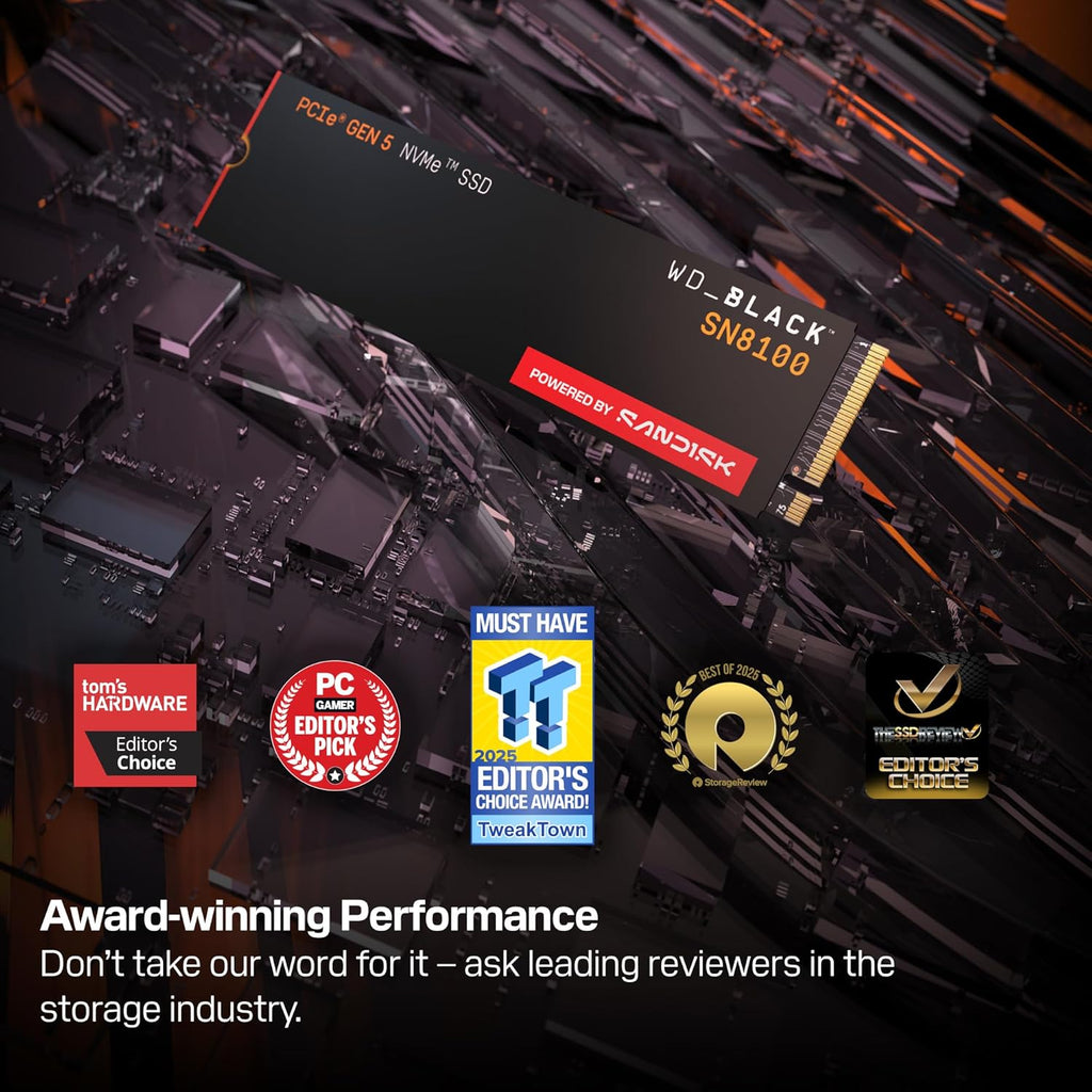 WD_Black SN8100 1TB NVMe SSD - PCIe 5.0x4, M.2 2280, Up to 14,900MB/s Read Speed, up to 11,000MB/s Write Speed, Best for AI Applications, Gaming, and Video Editing - WDS100T1X0M